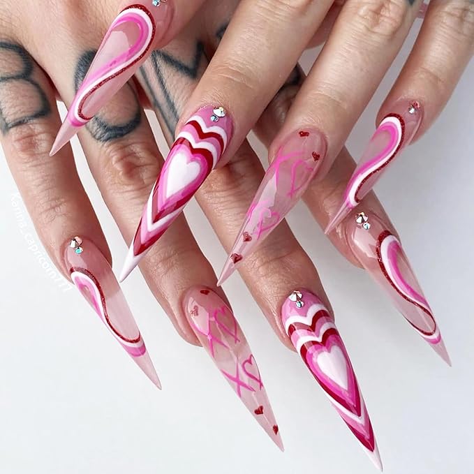 MISUD Press on Nails - Long Stiletto Fake Nails with Hot Pink, Acrylic Valentines Heart Design 24 pcs