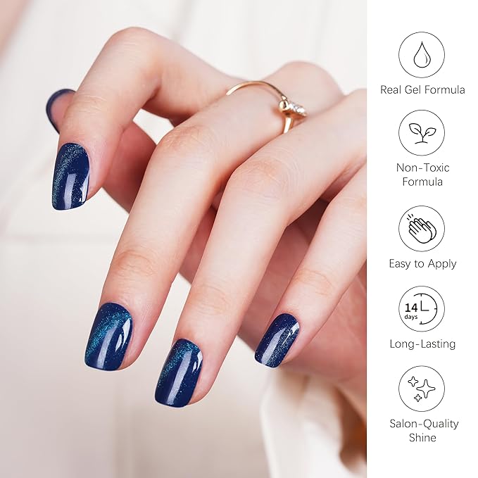 DANNI & TONI Semi Cured Gel Nail Strips Royal Blue Magnetic Cat Eye Gel Nail Wraps 28 Stickers | Abyssal Glint