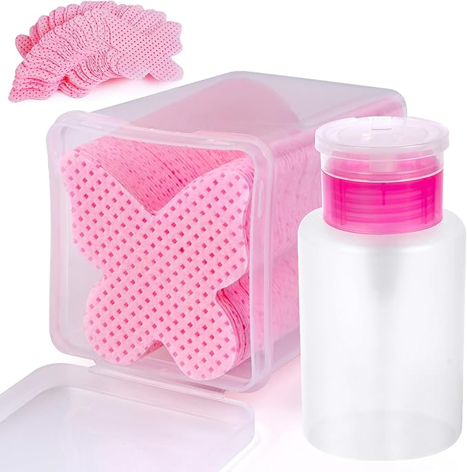 200PCS Lint Free Nail Wipes, Pink Lash Extensions Glue Cleaning Wipes, Nails Cleaning Pads Supplies,accompanied by 1 Empty Pump-Style Bottle Dispenser (Pink(200 pcs))
