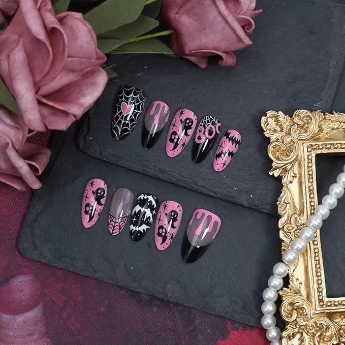 30Pcs Halloween Press on Nails Medium Almond French Tip Fake Nails with Black Ghost Bat Spider Web Design Glossy False Nails Full Cover Artificial Glue on Nails Pink Heart Stick on Nail for Women DIY