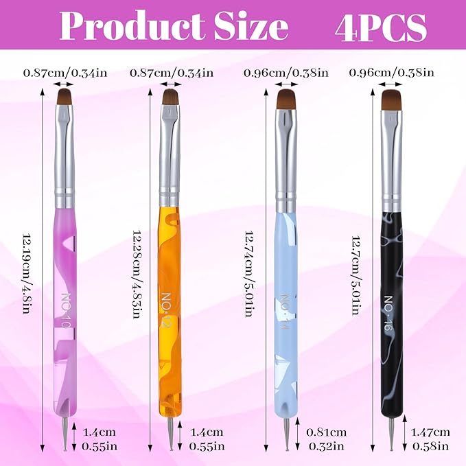 4 Pcs Gel Nail Art Brush Set, French Brush for Nails with Dotting Tool, French Tip Acrylic Brushes for Professional Manicure Detailed Designs DIY Nail Salon (10# 12# 14# 16#)