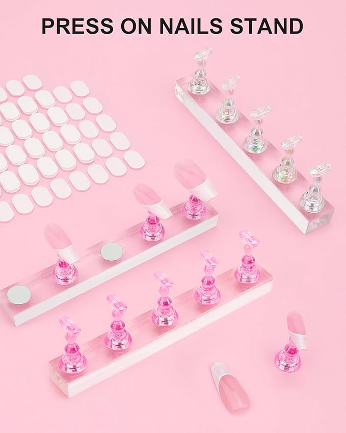 Nail Stand for Press Ons, Nail Holder for Painting Nails, Upgraded Solid Acrylic Magnetic Fake Nail Stands Tips, 3 Nail Holder with Double-sided Tape Practice Nail Art Tools