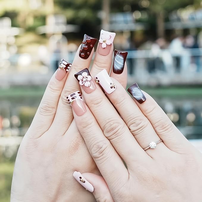 Handmade Duck Press on Nails, 3D Luxury Rhinestone Flower Design French Dark Brown Fake Nails Short Duckbill-shaped False Nails for Women Nail Art DIY (Blush Mauve Flower Waltz,M)