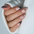 CurvLife Matte Almond Press On Nails for Women, Nude Pink Black French Tip Fake Nails with Hearts, Medium Length Soft Gel Glue On Nails Kit with Nail Glue & Tools, Salon Quality Valentine’s Day Nails