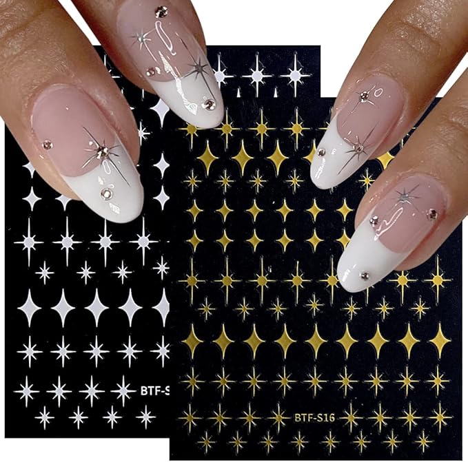 9 Sheets Star Sun Moon Nail Stickers Decals 3D Self-Adhesive Pegatinas Uñas Silver Nail Stickers Holographic Gold Black Heart Nail Supplies for Women Girls DIY Nail Art Design Decoration Accessories