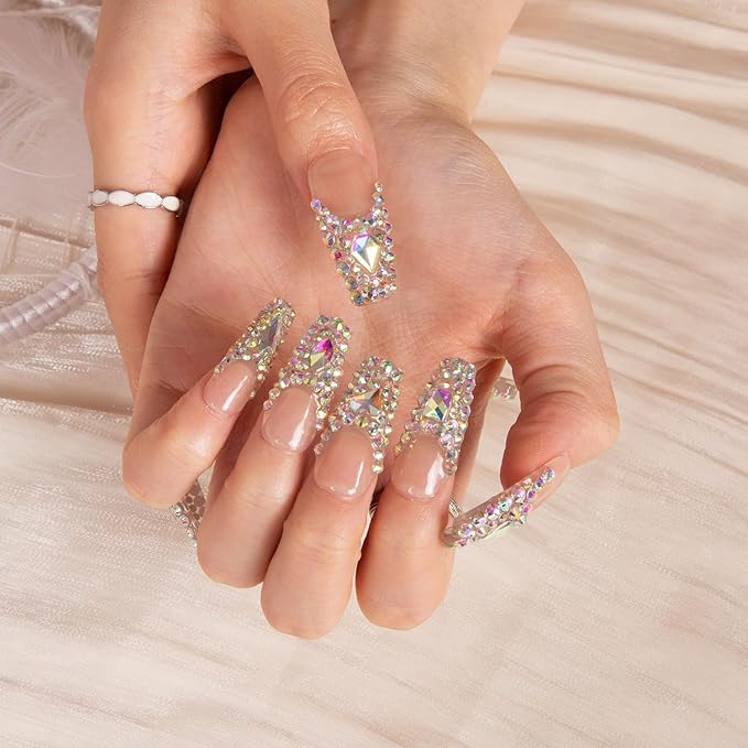 LOVFUL Press on Nails Angel's Tear Rhinestone | Handmade with Full Covered Crystals | Reusable Full Cover Nails | Coffin Classic Regular 1.3 in | H48-L