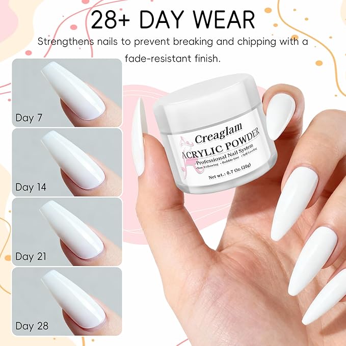 Professional Acrylic Nail Powder Kit - 6 Colors for French Extensions & 3D Nail Art, No Lamp Needed, Non-Yellowing, Bubble Free, Long Lasting Salon Quality Powder