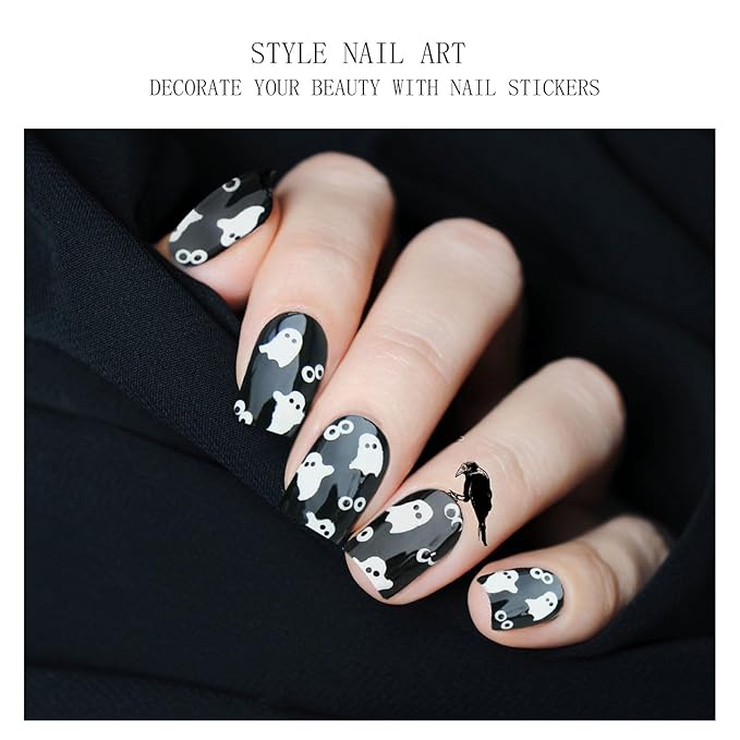 JMEOWIO Gel Nail Stickers Halloween Cute Ghost Semi Cured Gel Nail Strips Wraps UV/LED Nails Art Design Decoration Accessories