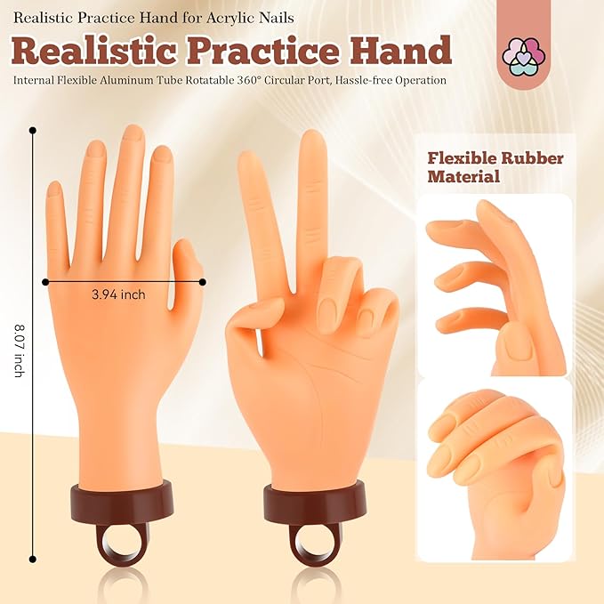 SAVILAND Practice Hand for Acrylic Nails: Flexible & Realistic Nail Practice Hand Mannequin Hand Silicone Nail Hand Practice with 120PCS Nail Tips Nail Glue for Beginners Manicure Training Home