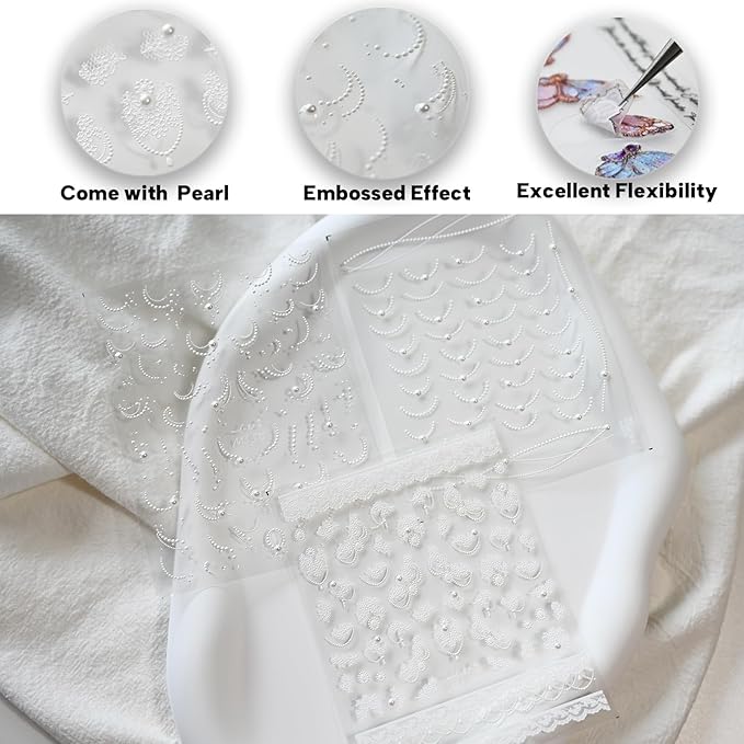 White Lace French Line Nail Art Stickers Pearl Rhinestones Embossed French Line Nail Decals for Nail Art Design Self-Adhesive Nail Accessories for Women Nail Art Supplies 3 Sheets