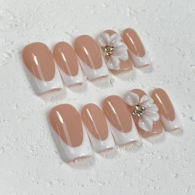White French Tip Handmade Press on Nails Medium Square Fake Nails Muti-Layer Gel False Nails with 3D Flower Rhinestones Designs Thick Acrylic Nails Full Cover Stick on Nail for Women Nail DIY (Size S)