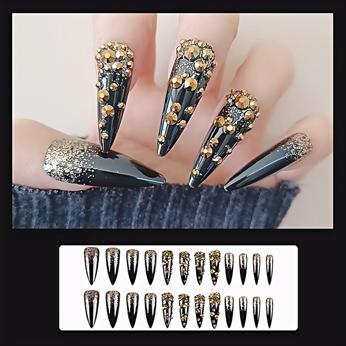 Long Black Press on Nails Almond Tip False Nails with Gold Glitter Fake Nails for Women