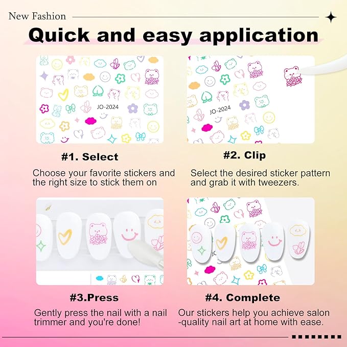 12 Sheet Cartoon Nail Sticker for Nails Art 3D Embossed Self-Adhesive Cute Bear Flower Bunny Duck Fruit Nail Decal Design Supplies for Women DIY Manicure Art Decoration YX1244
