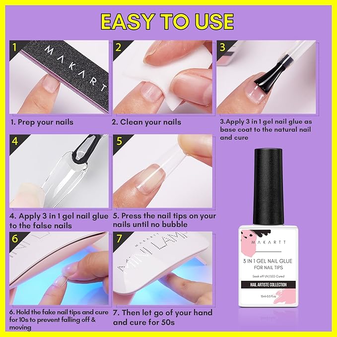 Makartt Gel Nail Glue: 3 in 1 Nail Glue for Acrylic Nails Extension Super Strong Adhesive Long Lasting Brush on Glues for Tips, Base Coat & Slip Solution, & Stick Rhinestone, Curing Needed, 15ml