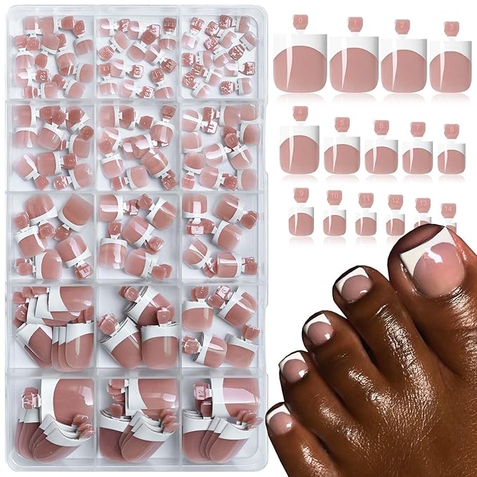 150pc White French Tips Press on Toenails Women Fake Toenail with Glue Tab, Brown Toe Nail Press ons Nails Short Square Fake Toe Nail Tips French Glue on Toenails False Acrylic Toes Nails Kit