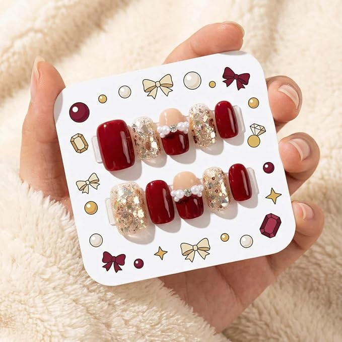 Press on Nails Short Square Fake Nails with Gold Glitter Pearl Rhinestones Designs Glue on Nails Red Full Cover False Nail Reusable Stick on Nail for Women 24Pcs