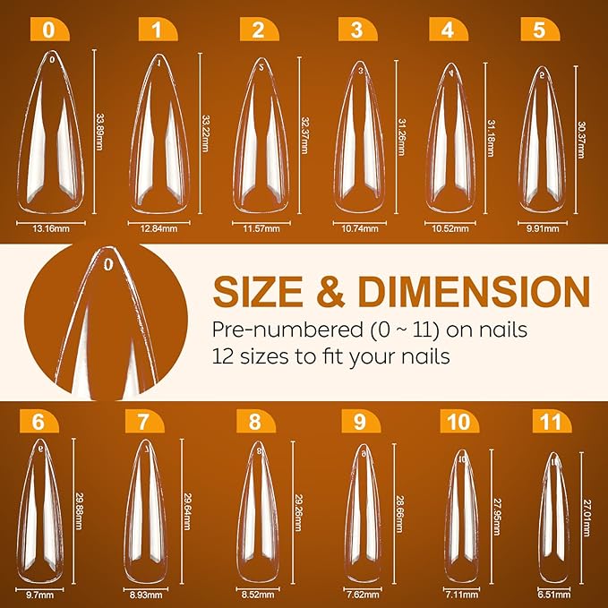 Nicedeco Gel Nail Tips Long Stiletto Shape Nails, 504Pcs Clear Soft Tips Full Cover False Nails for Gel Nail Extensions Press on Nails - 012
