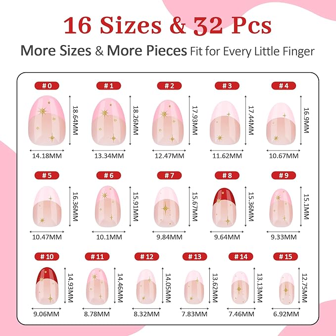 16 Sizes Press on Nails Kit for Kids - 32 Pieces French Almond Fake Nail Tips for Girls 8-12 Years Old with Jelly Nail Adhesives & No-Lamp Nail Glue, Birthday Christmas Gifts(Rose Pink French)