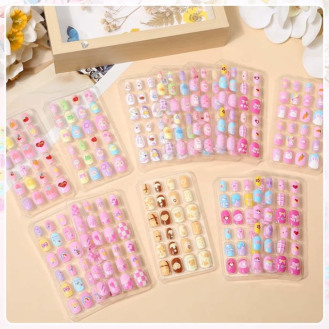 288 Pieces Kids Stick On Nails Girls, Acejoz Fake Nails Set Self Adhesive Press on Nails Tips for Little Girls Children 8-12 Year Kids Nail Decoration