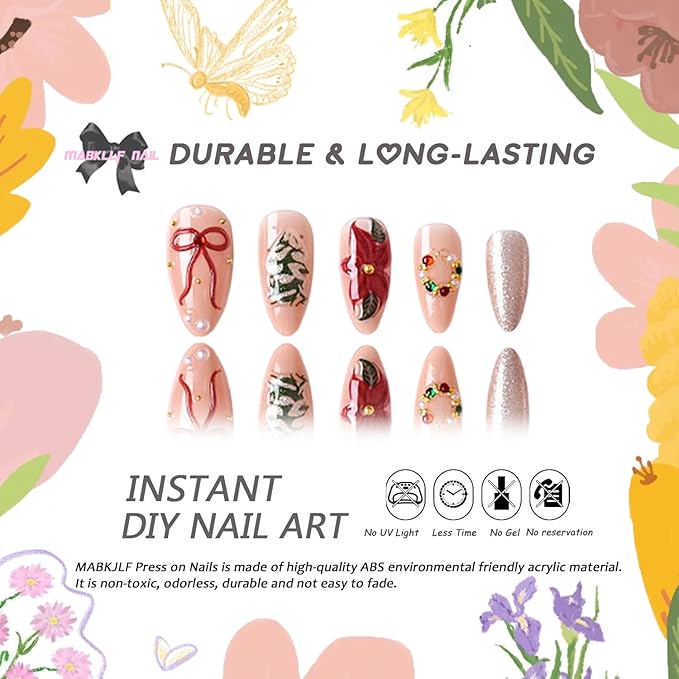 Christmas Press on Nails Medium Almond MABKJLF Fake Nails 3D False Nails with Flower Bow Tree Pearls Gold Ball Glitter Designs Glossy Glue on Nail Winter Acrylic Nails for Women Girls 24Pcs