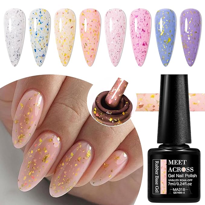 MEET ACROSS Rubber Base Gel Polish, 12pcs*7ml Builder Gel Gold Foil Pink Red Purple Blue Silver Foil White in a Bottle UV Gel Polish Kit, Structure Quick Extension Gel