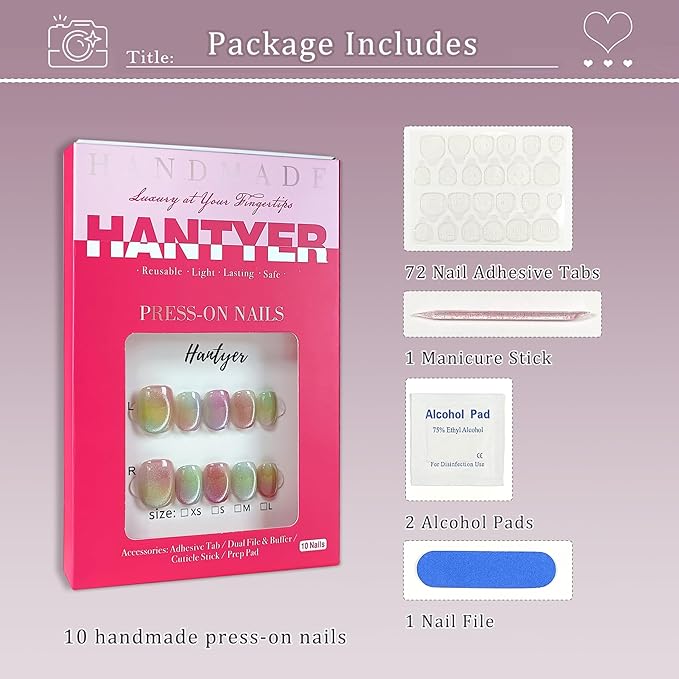 Press on Nails with Tools Kit, Short Oval Fake Nails in Dopamine Colors, Summer Cat Eye Gel Nails, Handmade Tips Cute & Vibrant Style for Women Daily & Pool Parties(Size M)