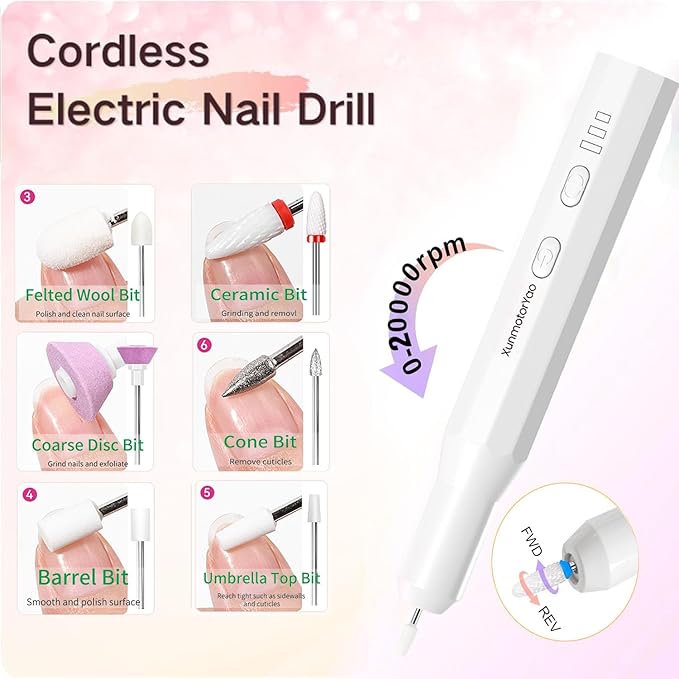 Cordless Nail Drill Kit,Electric Nail File for Acrylic Gel Nails 3 Speeds Adjustable Rechargeable Electric Nail Tools Manicure and Pedicure Kit for Home&Salon(White)