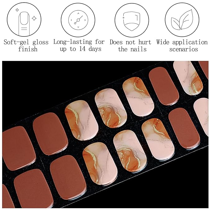 20Pcs Semi Cured Gel Nail Strips Brown Orange Gel Nail Stickers UV/LED Light Needed Glossy Self Adhesive Marble Nails Polish Strips with Gold Line Design Full Polish Nails Wraps for Women