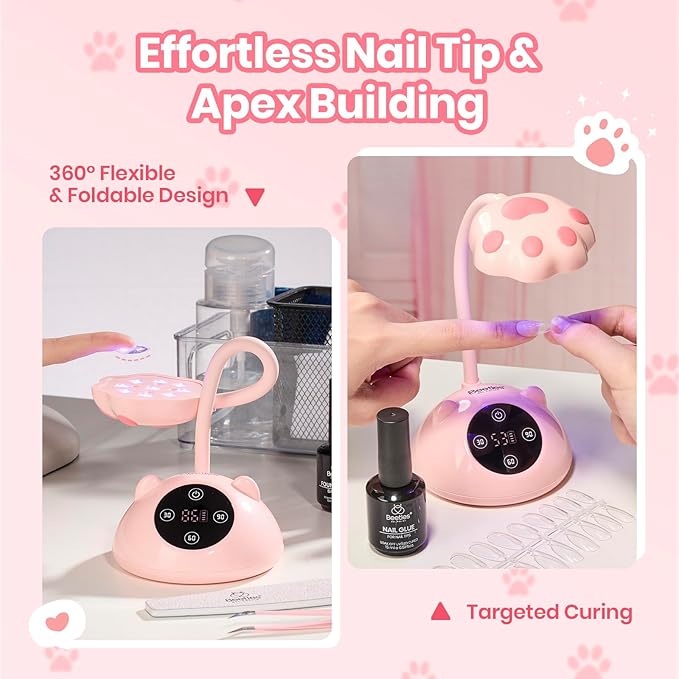 Beetles Gooseneck UV Nail Lamp - Meowgic StrawPurr Mini LED Nail Light with 3 Timer and Countdown Display Flash Cure Lamp for Gel Polish Nails Glue Builder Gel Smart Sensor Cordless Nails Dryer