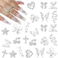 3D Nail Charms,24Pcs Love Heart Star Cross Cherry Butterfly Bow Nail Rhinestone Charms,Metal Alloy Nail Art Decorations for Manicure Design Accessories DIY Crafts (A Silver)