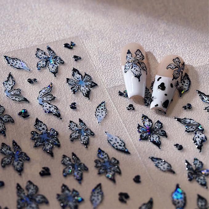 1 Sheets Embossed Flower Nail Stickers For Nail Art Holographic Laser Spring Flowers Nail Decals Black Blue Floral Nail Decor 5D Self-Adhesive Spring Butterfly Nail Art Stickers for Women Nails Design