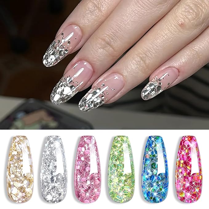 Born Pretty Glitter Gel Nail Polish with Sequins, 6 Pcs Gold Silver Purple Green Blue Hot Pink Long Lasting Sparkly Shiny U V Gel Polish Set for Manicure and Nail Art, DIY at Home, Salon-Quality 7ml
