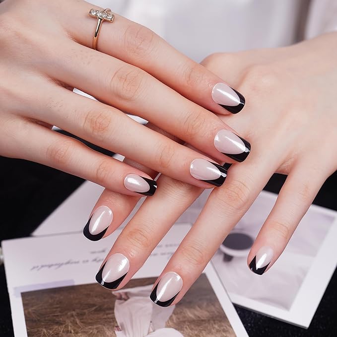 DANNI & TONI Semi Cured Gel Nail Strips Black French Tips Translucent White Glaze Nail Wraps 28 Stickers | Luxe Noir