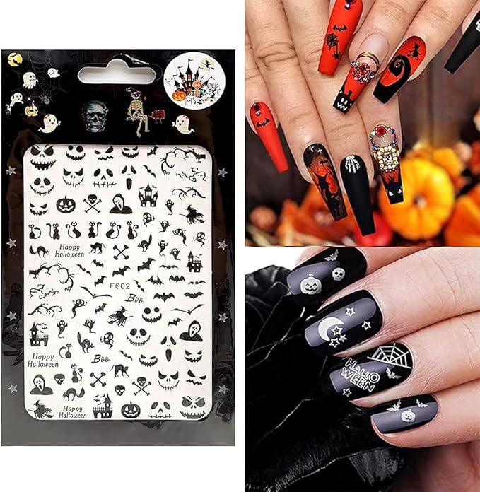 Impressed Nail Art Stickers for Halloween 12 Sheets, 1500+ Self-Adhesive DIY Customized Nail Decals for Halloween Party, Include Pumpkin/Bat/Ghost/Skeleton/Witch etc