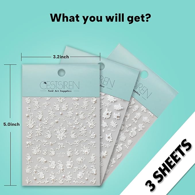 White Rose Flower Nail Art Stickers, Rhinestones Pearl Nail Decals, Self-Adhesive, Nail Accessories for Women, Nail Decorations 3 Sheets