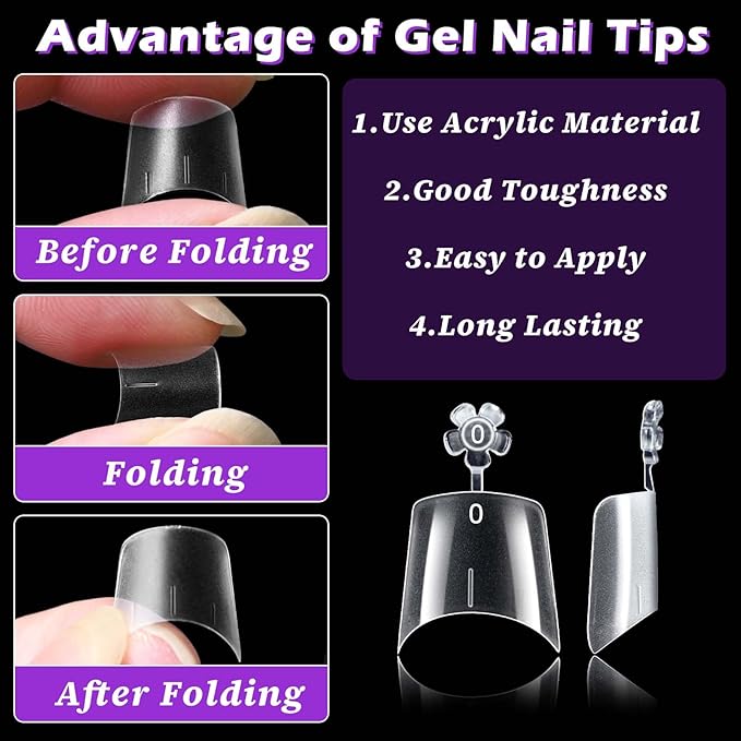 LoveOurHome 750pc French Coffin Nail Tips Clear Fake Nails Short Coffin Gel Nail Tips Half Cover Acrylic Nail Clear Short False Nail 15 Sizes Fingernail for Gel Nail Extension Press Nails