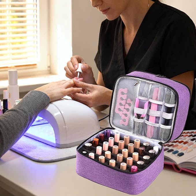 Upgraded Nail Polish Organizer Case - Holds 30 Bottles and 1 Nail Light, Double-layer Nail Bag Organzier Case Nail Polish Storage Bag with Handles (Style B-Purple)