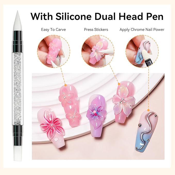 3D Nail Art Gel 2PCS Clear 3D Sculpting Solid Gel Non-Sticky Hand Builder Gels with Dual Form Silicone Pen Hard Gels for Nails Carving Patterns Nail Design Manicure Salon DIY at Home