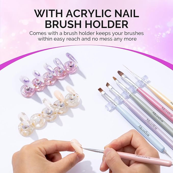 MelodySusie Nail Stand for Press Ons, Round Shell Shape Magnetic Base for Painting Display with Brush Holder and 100 Pcs Reusable Double-Sided Tape for Home DIY Salon Supplies, Purple and Beige