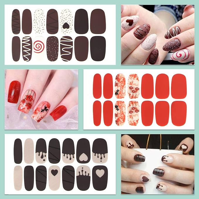 WOKOTO 16 Sheets Nail Polish Strips with Nail File Valentines Day Nail Stickers Full Nail Wraps for Acrylich Nails Heart Shapes Gel Nail Strips Stickers for Nails Self-Adhesive Nail Polish Stickers
