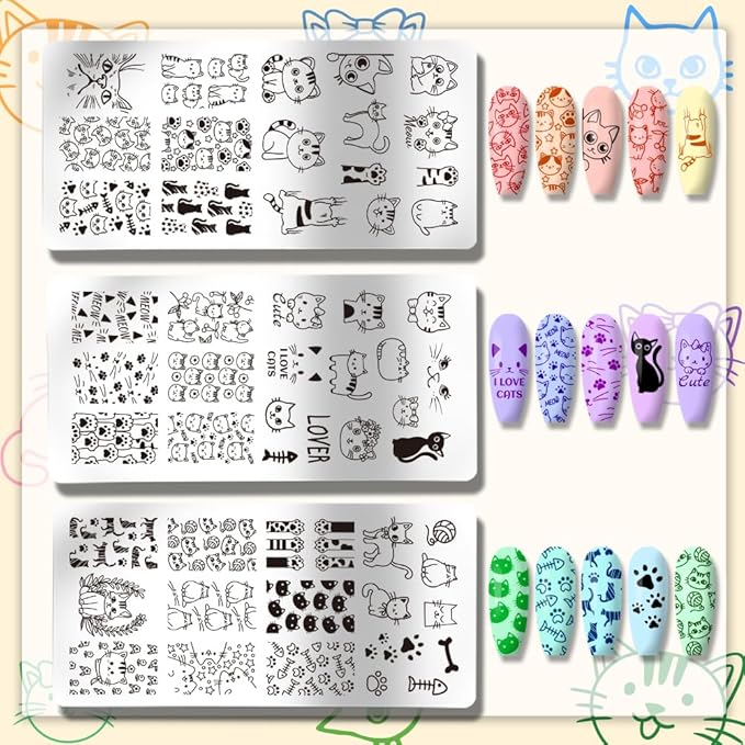 PH PandaHall 3pcs Cute Cat Nail Stamping Plates, Lovely Cat Nail Art Templates Animal Cat's Paw Fishbone Nail Art Stencils Stainless Steel Nail Image Plates for Women Nail Design Print Manicure Salon