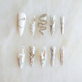 Luxury Long Almond Press-On Nails, White and Silver Rhinestone Design, 3D Snake Pattern with Pearl Accents, Handmade False Nail 10 Pieces (Small, LS)
