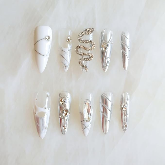 Luxury Long Almond Press-On Nails, White and Silver Rhinestone Design, 3D Snake Pattern with Pearl Accents, Handmade False Nail 10 Pieces (Medium, LS)