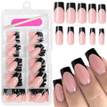 AddFavor French Tip Press on Nails Square Fake Nails, 120pcs Black French Tips Nails Medium Glossy Nude Nails Press on Artificial False Nail Square Stick on Nails with Adhesive Tab for Women Girls