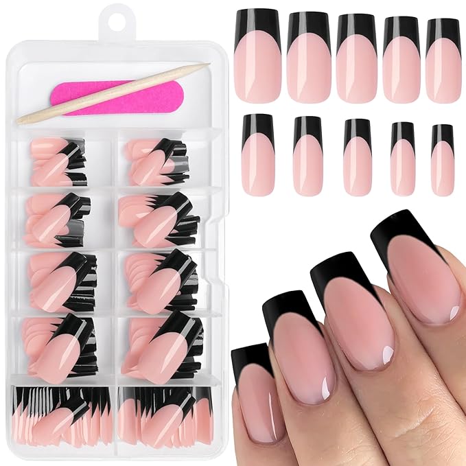 AddFavor French Tip Press on Nails Square Fake Nails, 120pcs Black French Tips Nails Medium Glossy Nude Nails Press on Artificial False Nail Square Stick on Nails with Adhesive Tab for Women Girls