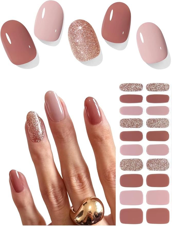 Semi Cured Gel Nail Strips (Brown Omber), 20 Pcs Gel Nail Wraps, Stickers, Long Lasting, Works With Any UV Lamps