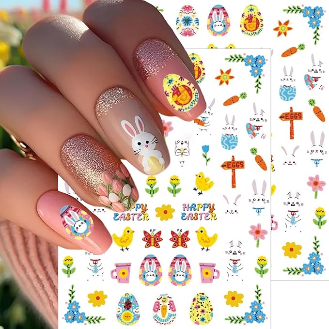 8 Sheets Easter Nail Stickers - 3D Self-Adhesive Easter Egg Bunny Chick Nail Decals - Cute Spring Holiday Nail Art Decorations for Girls Women Perfect Easter Basket Stuffers Gifts Party Favors