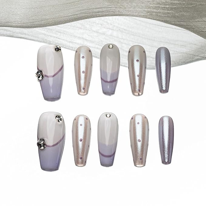 Sun&Beam Nails Handmade Press-on Medium Coffin Ballerina Silver Purple White Dot French Rhinestone Design Fashion False Nail Tips 10 Pcs Set (#182 M)
