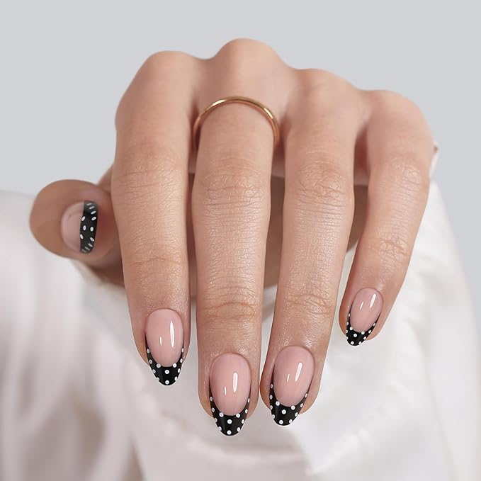 Black French Tip Press on Nails Short - SHANGMENG Soft Gel Almond Press on Nails for Women, Seamless Fit Glue on Nails in 16 Sizes - 32 Reusable Fake Nails Kit with Glue, Polka Dots