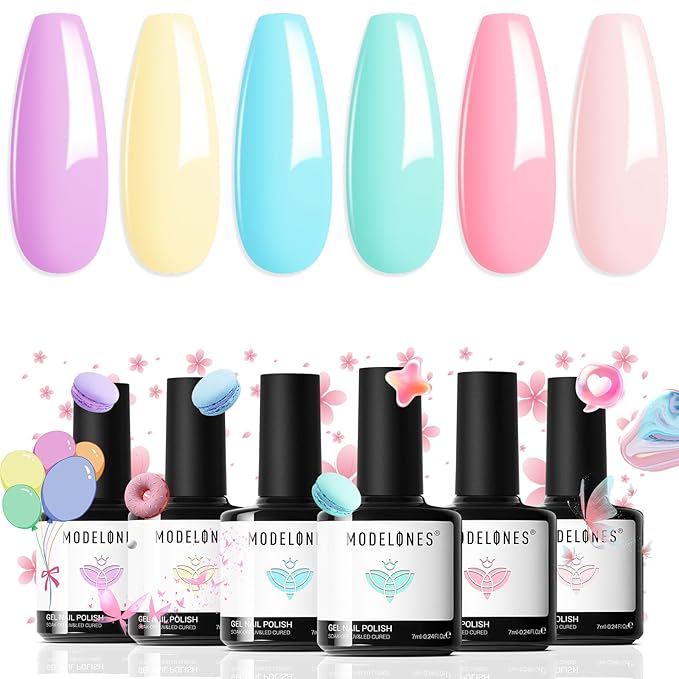 modelones Spring Gel Nail Polish, 6 Colors Pastel Pink Purple Blue Yellow Green Shades Pale Macaron Colors Nail Art Gel Design for Nail Lovers Gift Salon DIY